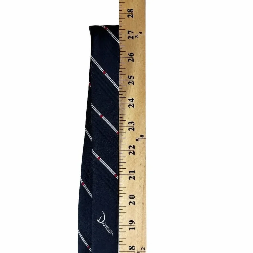 Vintage Damon Mens Tie Navy Blue White Red Striped Signature Monogram Polyester